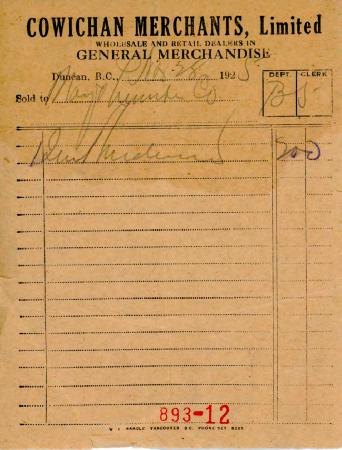 [Receipt from Cowichan Merchants Limited to Mayo Singh]