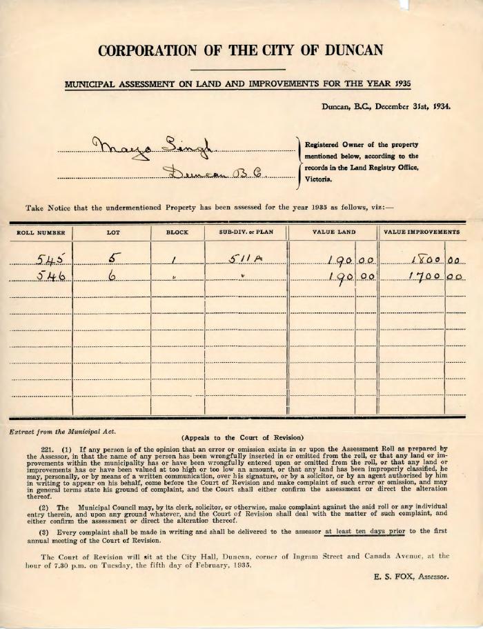 [Municipal assessment on land and improvements re: Mayo Singh's property]