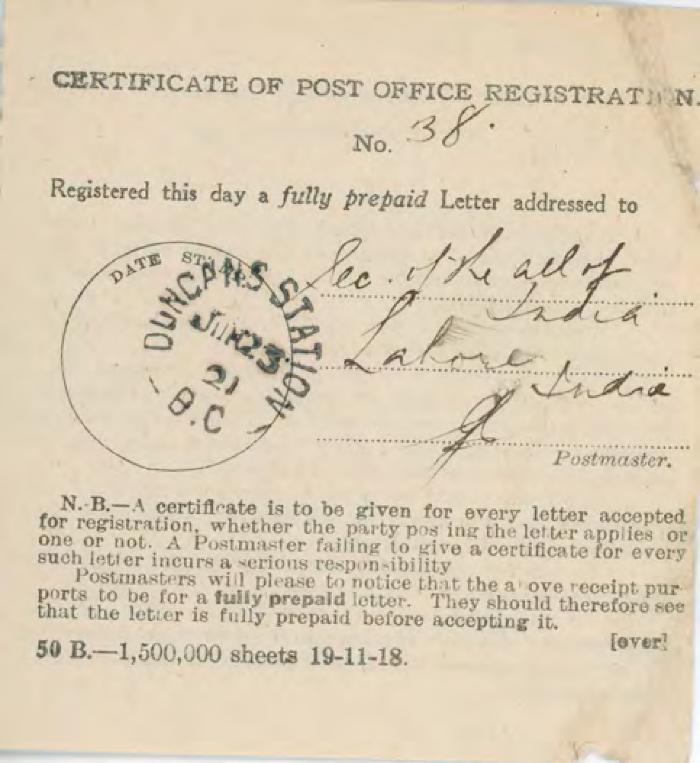 [Certificate of Post Office Registration]