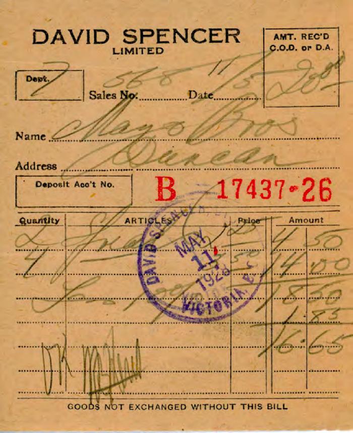 [Receipt from David Spencer Limited to Mayo Bros]