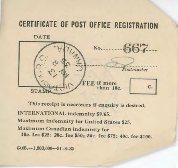 [Certificate of Post Office Registration]