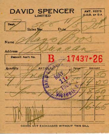 [Receipt from David Spencer Limited to Mayo Bros]