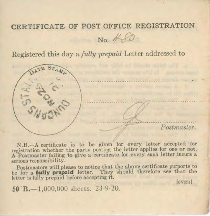 [Certificate of Post Office Registration]