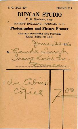 [Receipt from Duncan Studio to Ganda Singh]