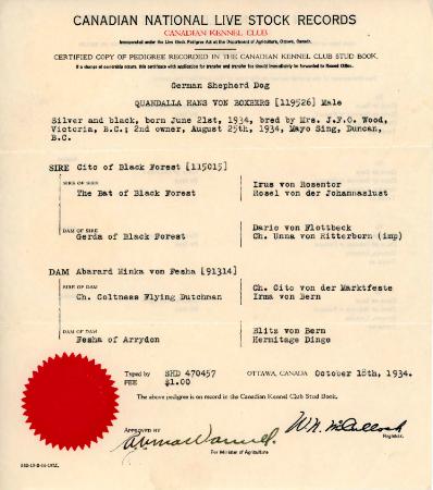 [Certified copy of the record of Quandalla Hans Von Boxberg in the Canadian National Live Stock Records]