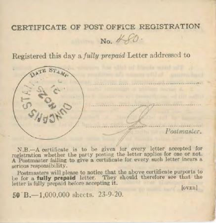 [Certificate of Post Office Registration]