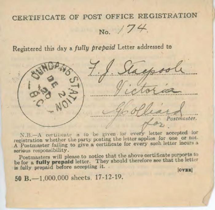 [Certificate of Post Office Registration]