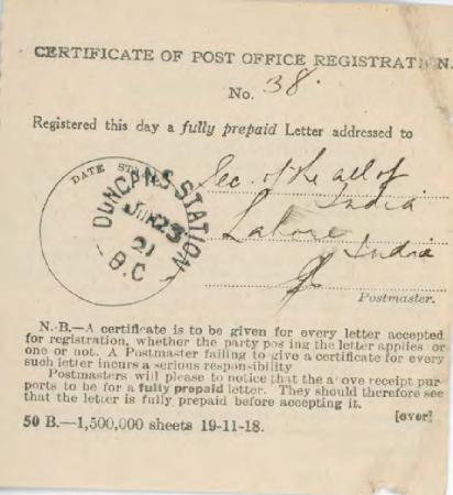 [Certificate of Post Office Registration]