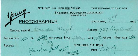 [Receipt from Youngs Studio to Ganda Singh]