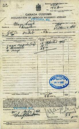 [Declaration of articles acquired abroad form completed by Mayo Singh]
