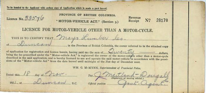 [Licence for motor vehicle for Mayo Lumber Co.]