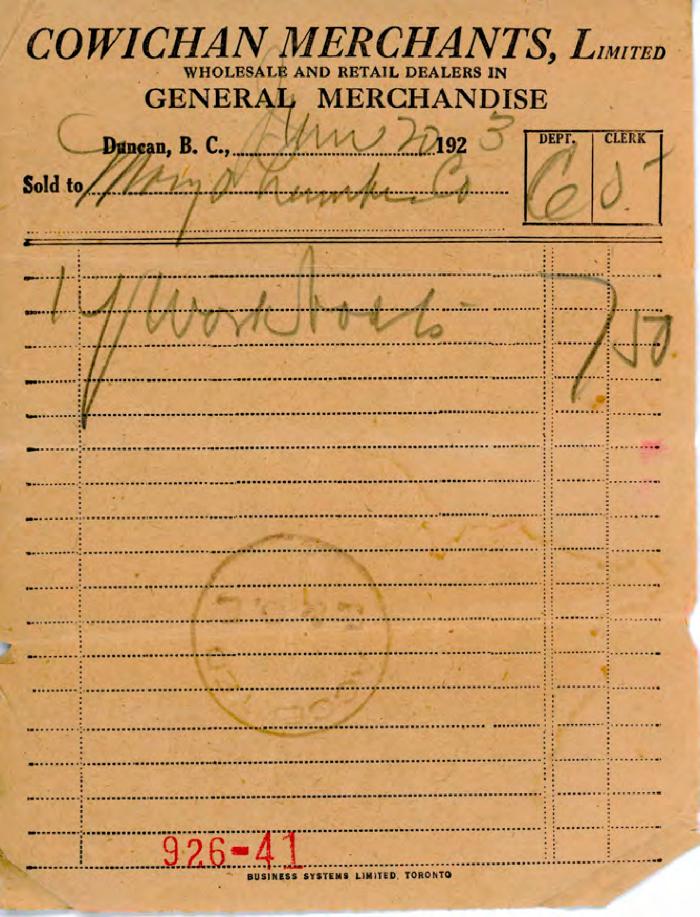[Receipt from Cowichan Merchants Limited to Mayo Singh]