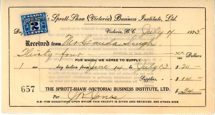 [Receipt from Sprott-Shaw (Victoria) Business Institute Ltd. to Ganda Singh]