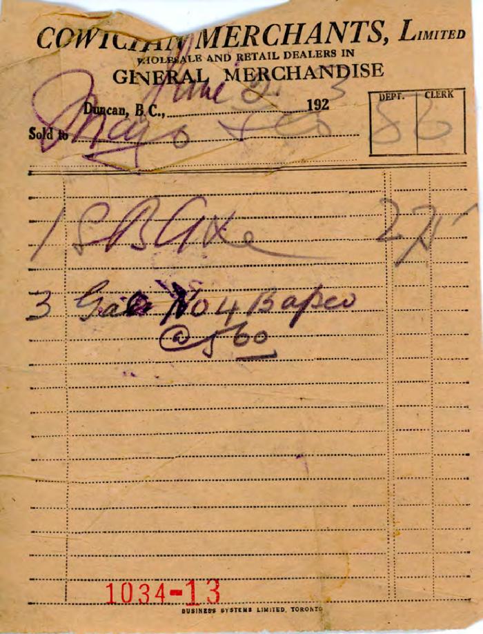 [Receipt from Cowichan Merchants Limited to Mayo Singh]