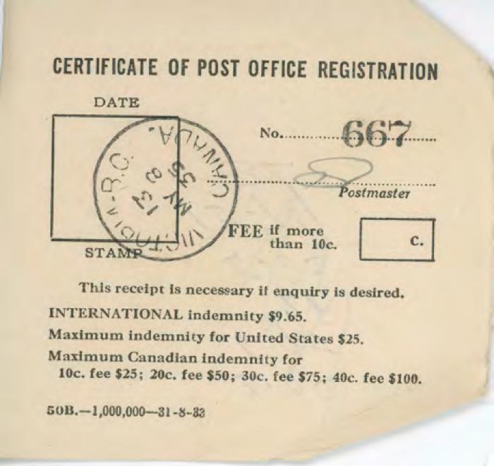[Certificate of Post Office Registration]