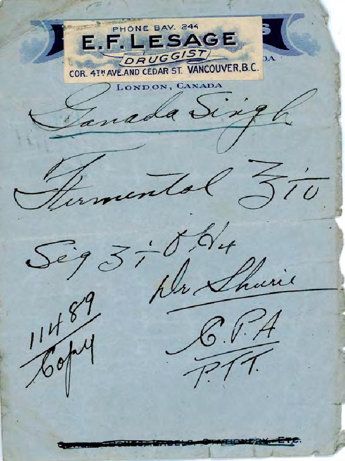 [Receipt from E. F. Lesage, Druggist, to Ganda Singh]