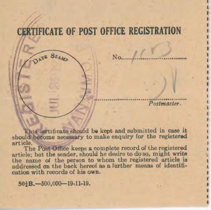 [Certificate of Post Office Registration]