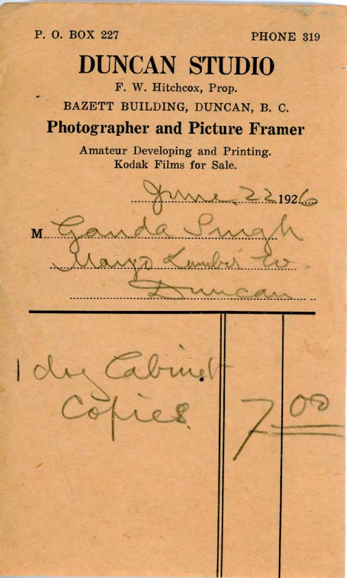 [Receipt from Duncan Studio to Ganda Singh]
