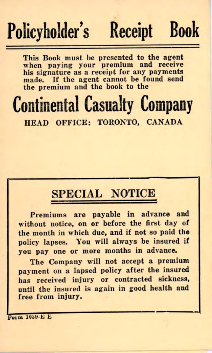 [Policyholder's receipt book issued by the Continental Casualty Company]