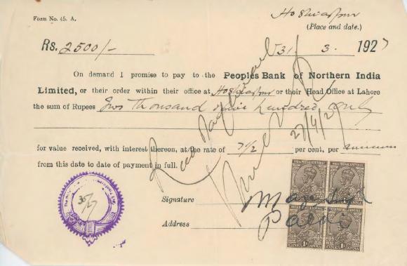 [Letter of a promise from [?] to the Peoples Bank of Northern India Limited]