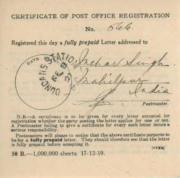 [Certificate of Post Office Registration addressed to Mehar Singh]