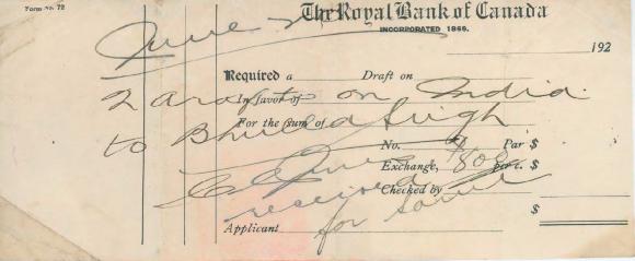 [Draft from the Royal Bank of Canada to Bhulla Singh]