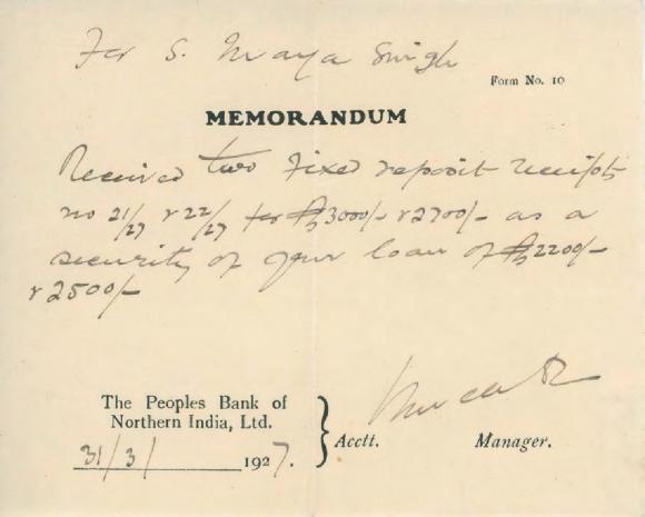 [Memorandum from the Peoples Bank of Northern India Ltd. to Mayo Singh]