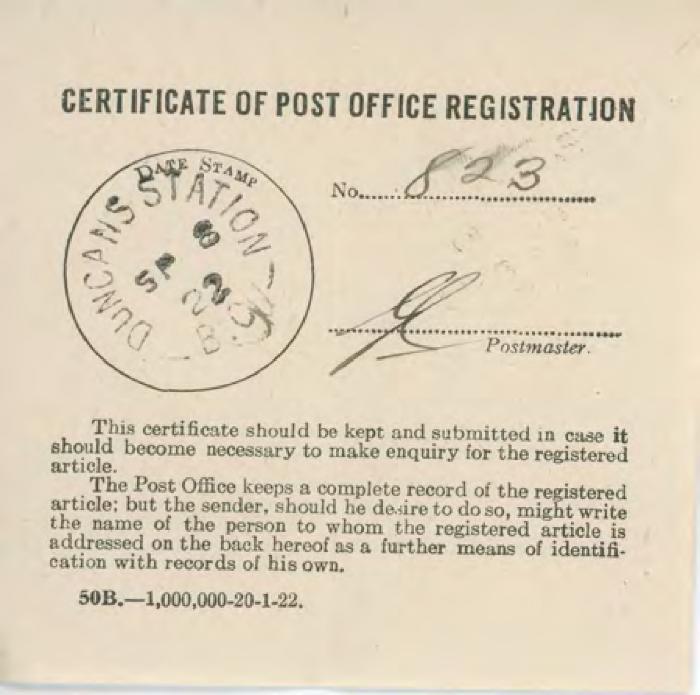 [Certificate of Post Office Registration]