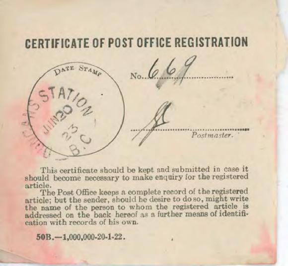 [Certificate of Post Office Registration]