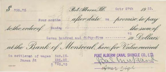 [Cheque from Port Alberni Canal Shingle Co. Ltd. to Sundar]