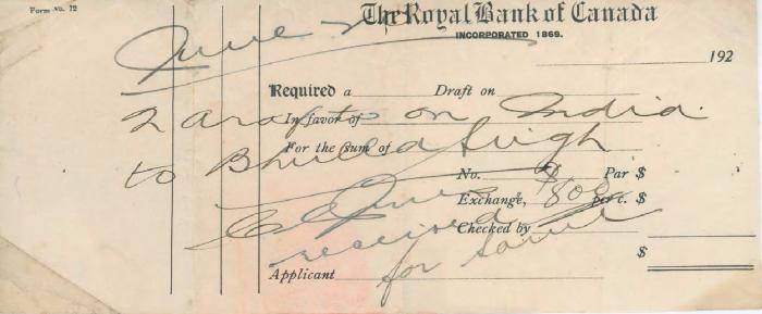 [Draft from the Royal Bank of Canada to Bhulla Singh]