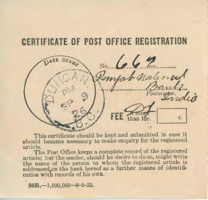 [Certificate of Post Office Registration addressed to a bank in Punjab]