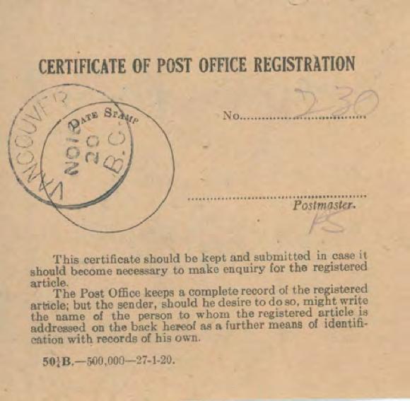 [Certificate of Post Office Registration]