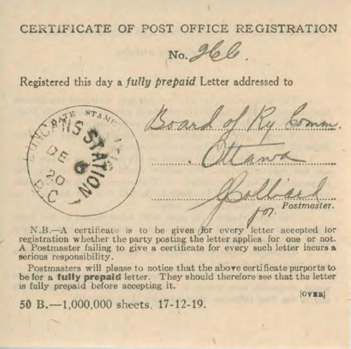 [Certificate of Post Office Registration addressed to the Board of Railway Commissioner in Ottawa]