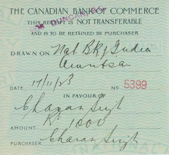[Purchaser's receipt from the Canadian Bank of Commerce to Bharan Singh]