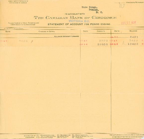 [Mayo Singh's account statement from the Canadian Bank of Commerce]