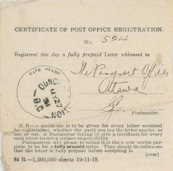 [Certificate of Post Office Registration addressed to the passport officer in Ottawa]