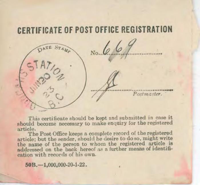 [Certificate of Post Office Registration]