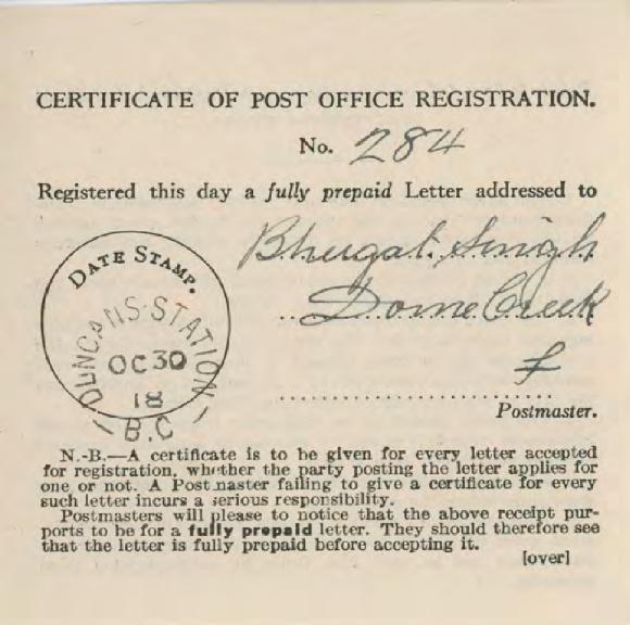 [Certificate of Post Office Registration addressed to Bhugat Singh]