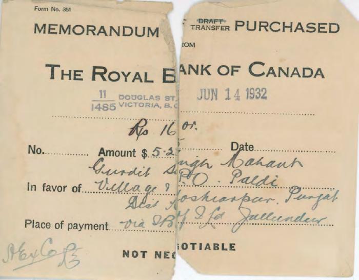 [Memorandum of transfer from the Royal Bank of Canada to Gurditt Singh Mahant]