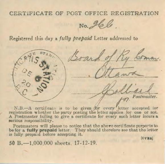 [Certificate of Post Office Registration addressed to the Board of Railway Commissioner in Ottawa]
