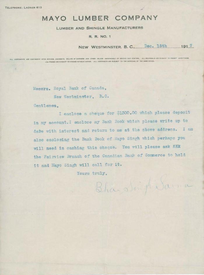 [Letter from Bhai Singh Saina to the Royal Bank of Canada]