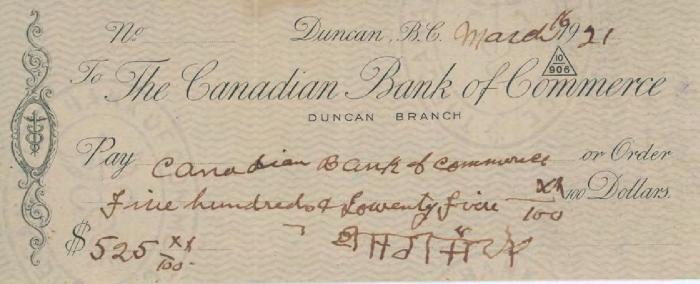 [Cheque from Ishar Singh to the Canadian Bank of Commerce]