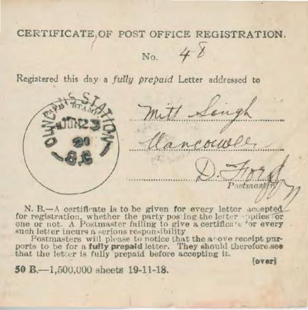 [Certificate of Post Office Registration addressed to Mitt Singh]