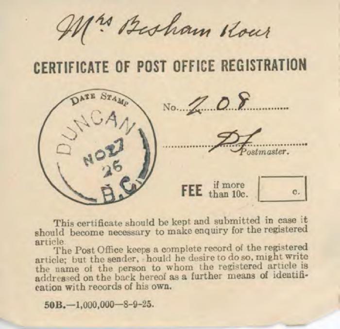 [Certificate of Post Office Registration addressed to Mrs. Bishan Kour]