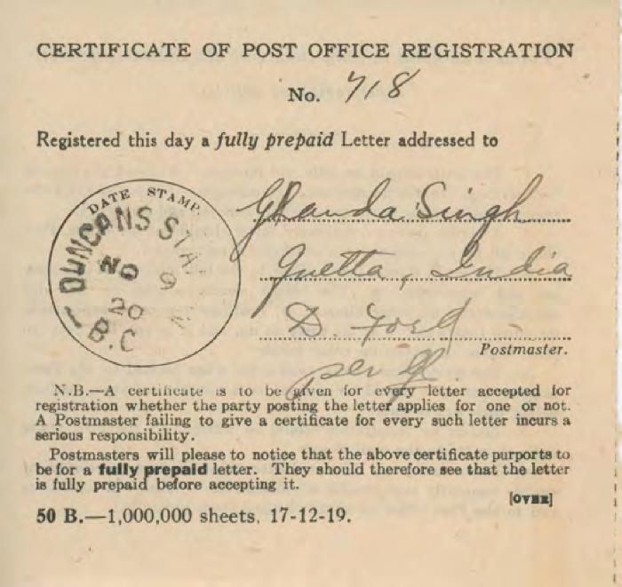 [Certificate of Post Office Registration addressed to Ganda Singh]