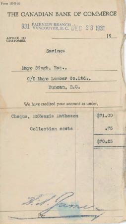 [Bank receipt from the Canadian Bank of Commerce to Mayo Singh]