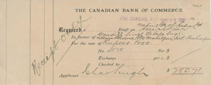 [Draft from the Canadian Bank of Commerce to Bhar Singh]
