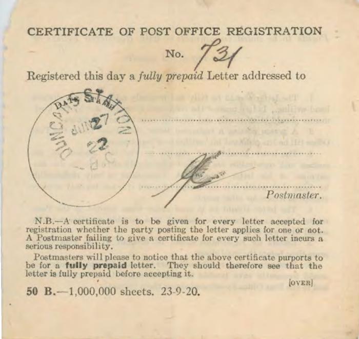 [Certificate of Post Office Registration]