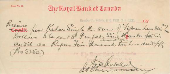 [Cheque from Kehar Singh]